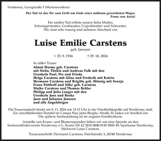 Traueranzeige von Luise Emilie Carstens von Ostfriesischer Kurier