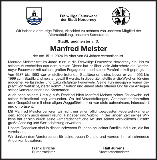 Traueranzeige von Manfred Meister von Ostfriesischer Kurier