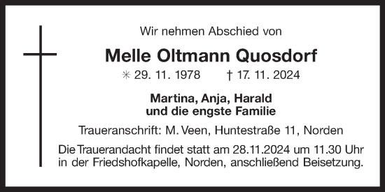 Traueranzeige von Melle Oltmann Quosdorf von Ostfriesischer Kurier