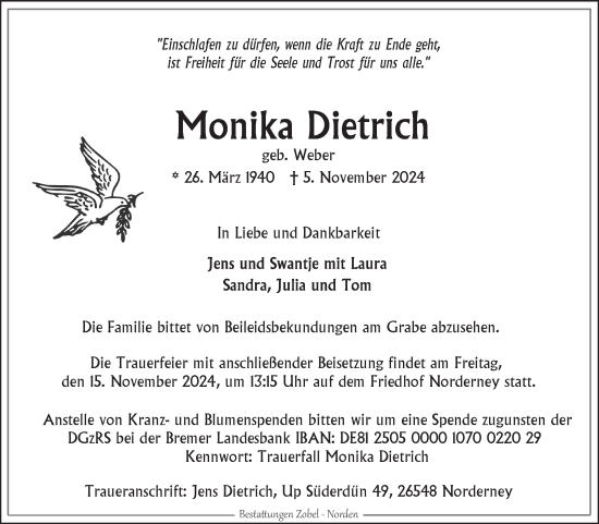Traueranzeige von Monika Dietrich von Ostfriesischer Kurier