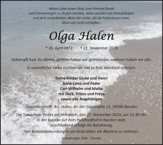 Traueranzeige von Olga Halen von Ostfriesischer Kurier