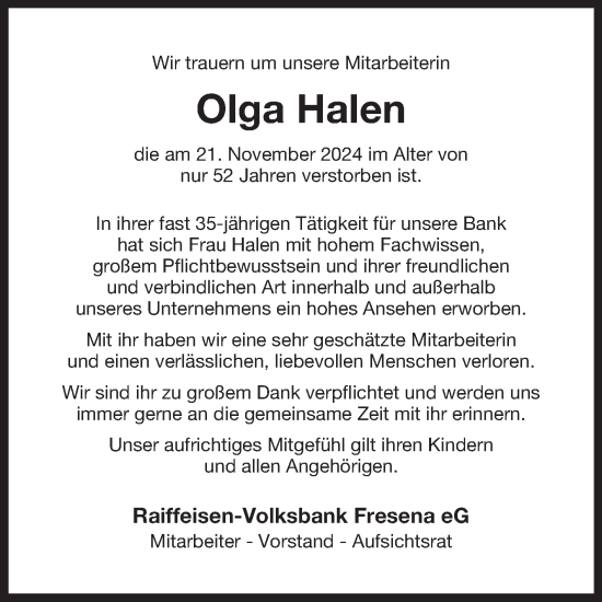 Traueranzeige von Olga Halen von Ostfriesischer Kurier
