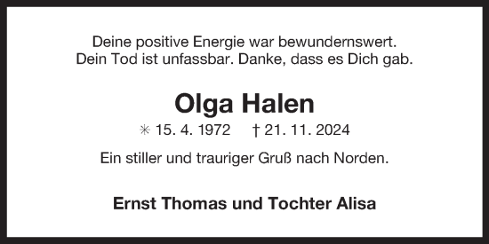 Traueranzeige von Olga Halen von Ostfriesischer Kurier