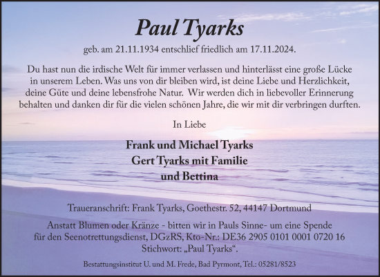 Traueranzeige von Paul Tyarks von Ostfriesischer Kurier