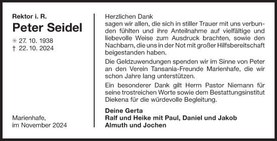 Traueranzeige von Peter Seidel von Ostfriesischer Kurier