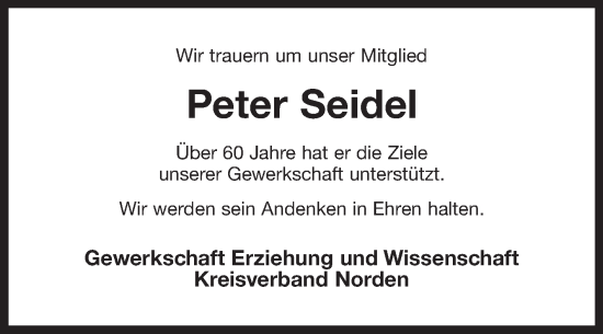 Traueranzeige von Peter Seidel von Ostfriesischer Kurier
