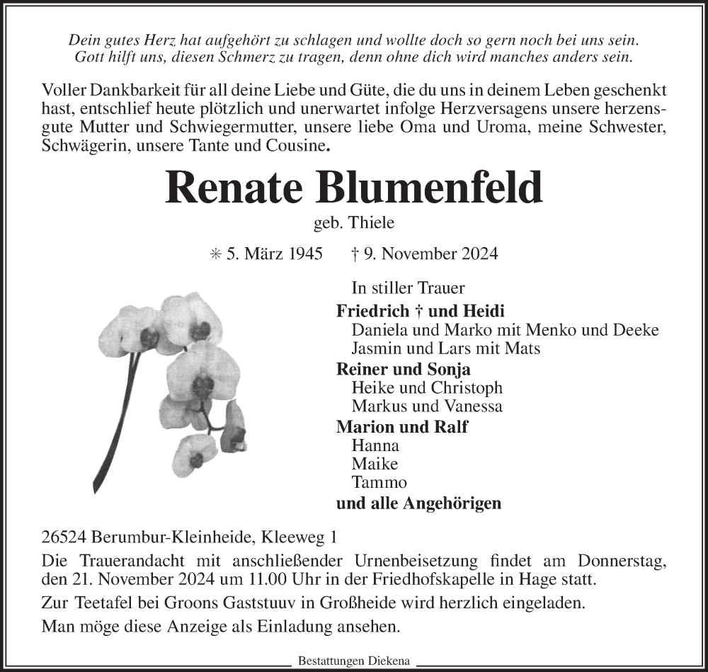  Traueranzeige für Renate Blumenfeld vom 12.11.2024 aus Ostfriesischer Kurier