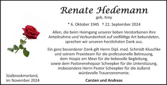 Traueranzeige von Renate Hedemann von Ostfriesischer Kurier