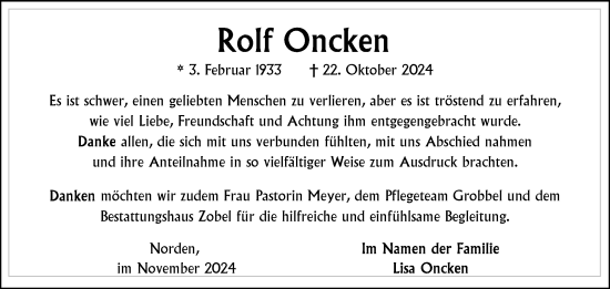 Traueranzeige von Rolf Oncken von Ostfriesischer Kurier