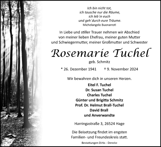 Traueranzeige von Rosemarie Tuchel von Ostfriesischer Kurier