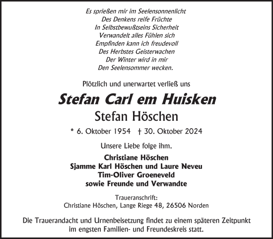 Traueranzeige von Stefan Höschen von Ostfriesischer Kurier