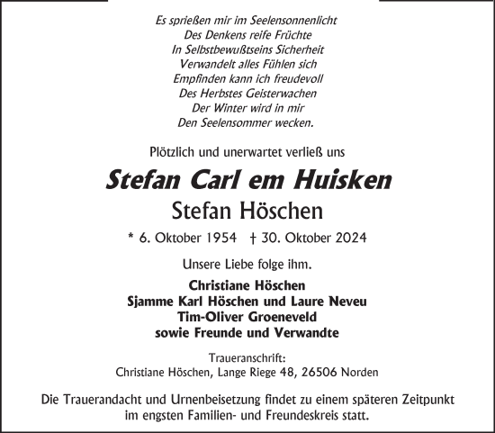 Traueranzeige von Stefan Höschen von Ostfriesischer Kurier