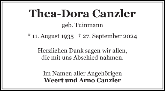 Traueranzeige von Thea-Dora Canzler von Ostfriesischer Kurier
