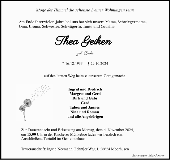 Traueranzeige von Thea Geiken von Ostfriesischer Kurier