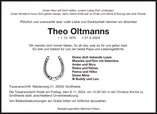 Traueranzeige von Theo Oltmanns von Ostfriesischer Kurier