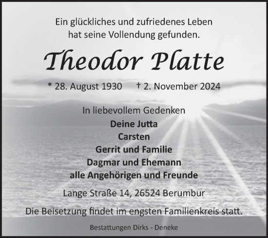 Traueranzeige von Theodor Platte von Ostfriesischer Kurier