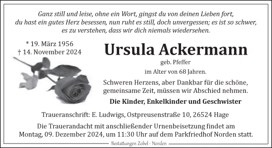 Traueranzeige von Ursula Ackermann von Ostfriesischer Kurier