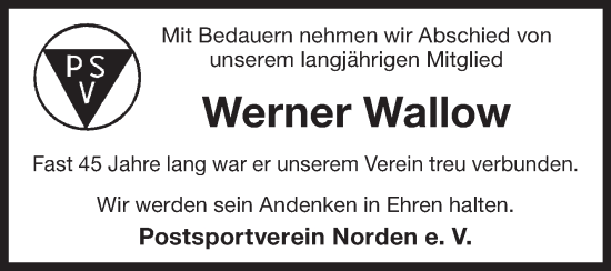 Traueranzeige von Werner Wallow von Ostfriesischer Kurier