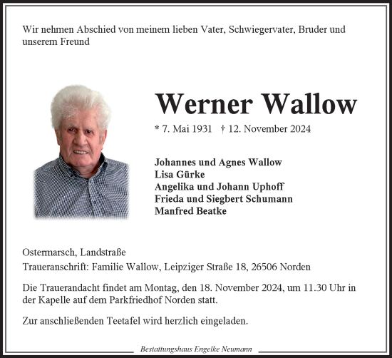 Traueranzeige von Werner Wallow von Ostfriesischer Kurier