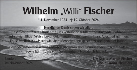 Traueranzeige von Wilhelm Fischer von Ostfriesischer Kurier