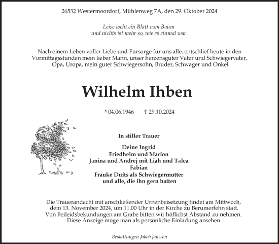 Traueranzeige von Wilhelm Ihben von Ostfriesischer Kurier