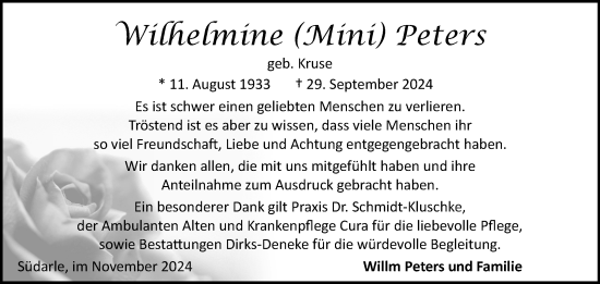 Traueranzeige von Wilhelmine Peters von Ostfriesischer Kurier