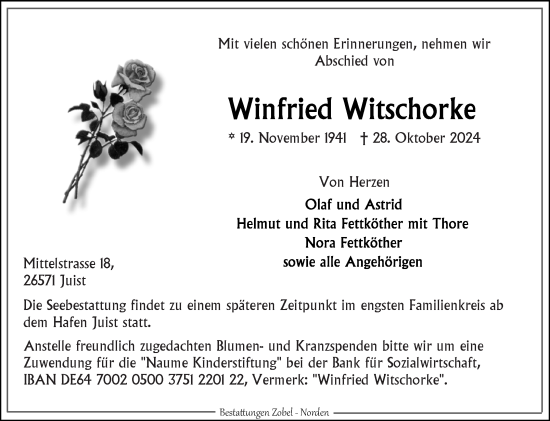 Traueranzeige von Winfried Witschorke von Ostfriesischer Kurier
