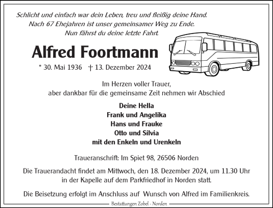 Traueranzeige von Alfred Foortmann von Ostfriesischer Kurier