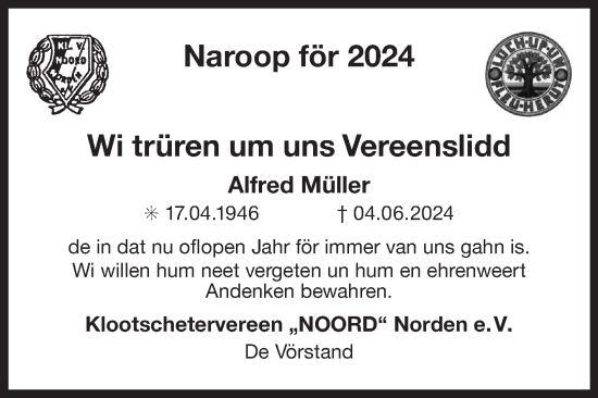Traueranzeige von Alfred Müller von Ostfriesischer Kurier