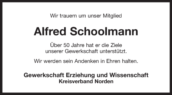 Traueranzeige von Alfred Schoolmann von Ostfriesischer Kurier