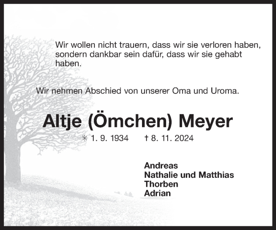 Traueranzeige von Altje Meyer von Ostfriesischer Kurier