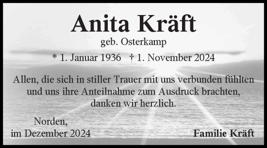 Traueranzeige von Anita Kräft von Ostfriesischer Kurier