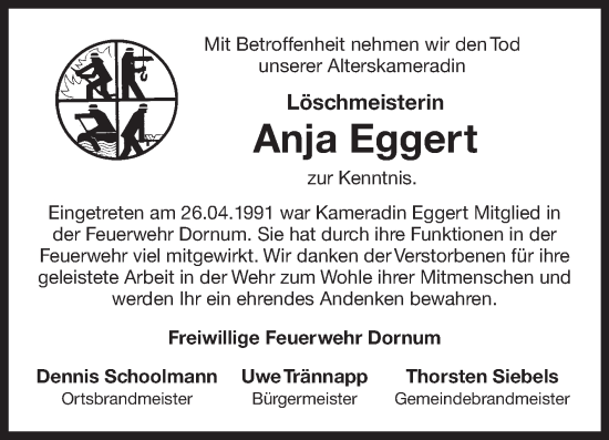 Traueranzeige von Anja Eggert von Ostfriesischer Kurier
