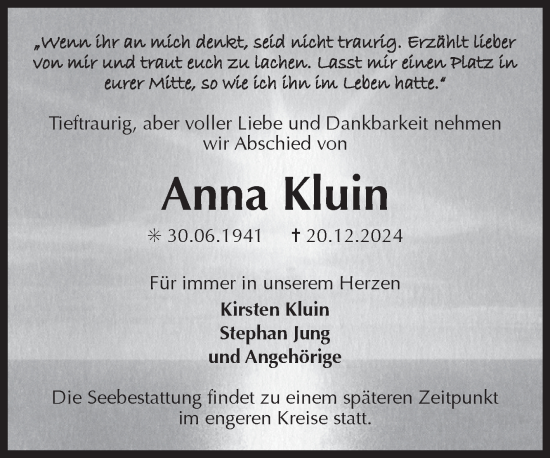 Traueranzeige von Anna Kluin von Ostfriesischer Kurier