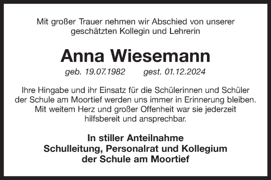 Traueranzeige von Anna Wiesemann von Ostfriesischer Kurier