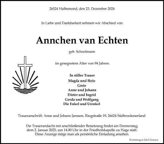Traueranzeige von Annchen van Echten von Ostfriesischer Kurier