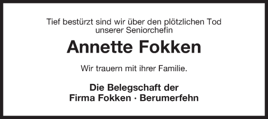 Traueranzeige von Annette Fokken von Ostfriesischer Kurier