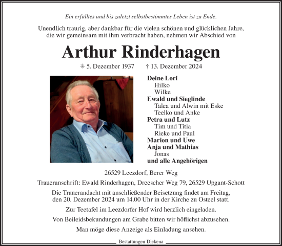 Traueranzeige von Arthur Rinderhagen von Ostfriesischer Kurier