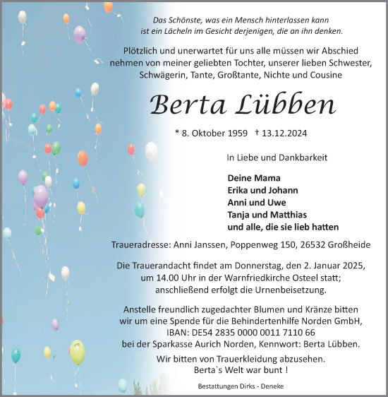 Traueranzeige von Berta Lübben von Ostfriesischer Kurier