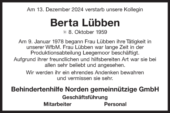 Traueranzeige von Berta Lübben von Ostfriesischer Kurier