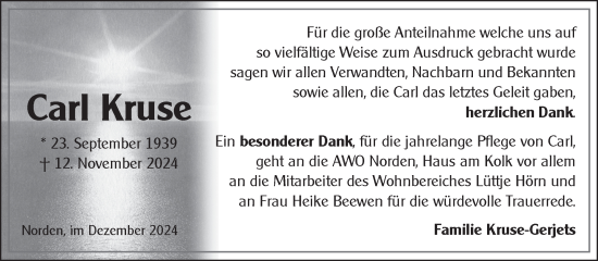 Traueranzeige von Carl Kruse von Ostfriesischer Kurier