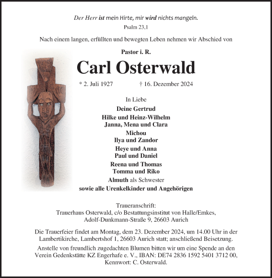 Traueranzeige von Carl Osterwald von Ostfriesischer Kurier