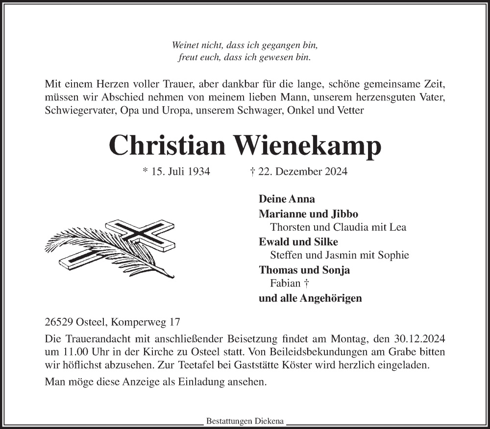  Traueranzeige für Christian Wienekamp vom 24.12.2024 aus Ostfriesischer Kurier