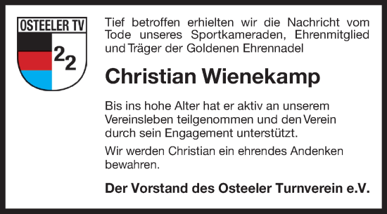 Traueranzeige von Christian Wienekamp von Ostfriesischer Kurier
