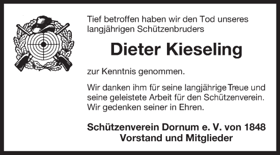 Traueranzeige von Dieter Kieseling von Ostfriesischer Kurier
