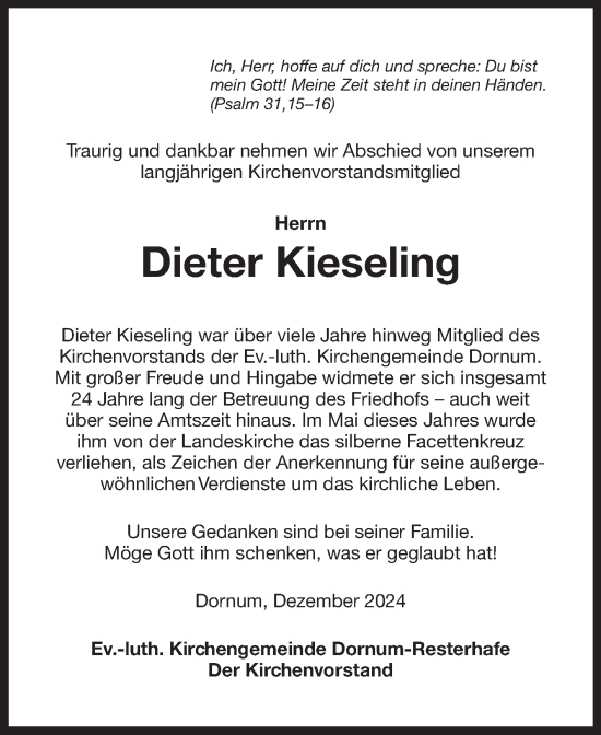 Traueranzeige von Dieter Kieseling von Ostfriesischer Kurier