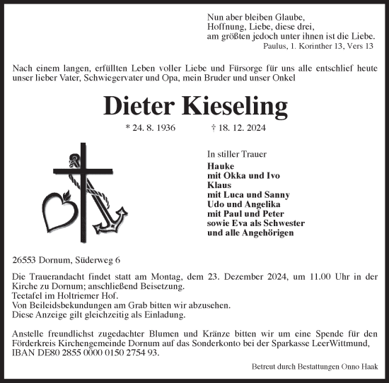 Traueranzeige von Dieter Kieseling von Ostfriesischer Kurier