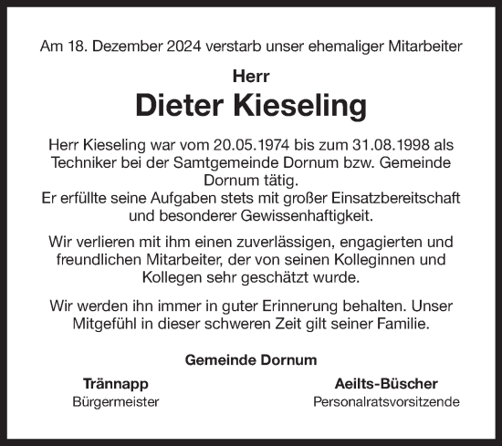 Traueranzeige von Dieter Kieseling von Ostfriesischer Kurier