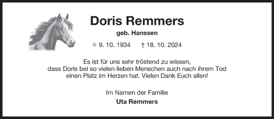 Traueranzeige von Doris Remmers von Ostfriesischer Kurier