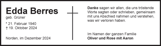 Traueranzeige von Edda Berres von Ostfriesischer Kurier